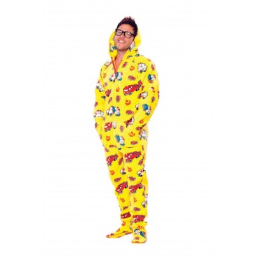 'Yellow Fire Trucks Adult Hooded Pajamas ** SUPER SALE ITEM ** 