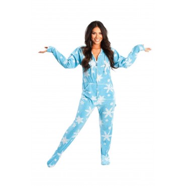 Blue Frosty Snow Flakes Adult Footed onesie Pajamas