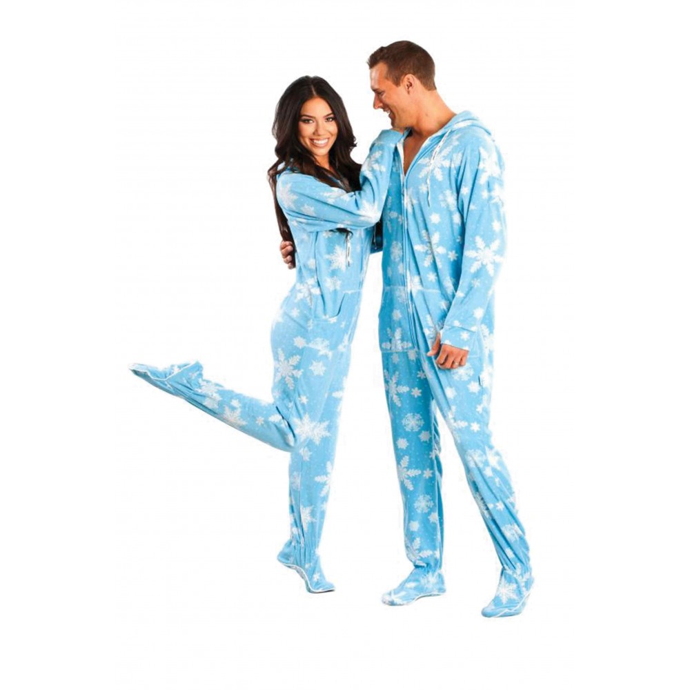 Blue Frosty Snow Flakes Adult Footed onesie Pajamas