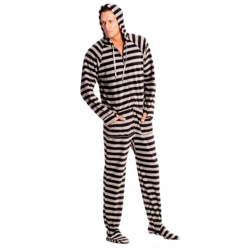 Black and Grey Striped Adult Footed Pajamas