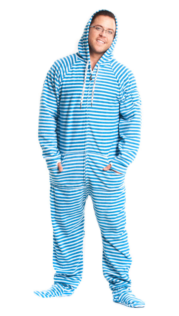 Blue Striped Adult Footed Pajama Onesie - Image 2