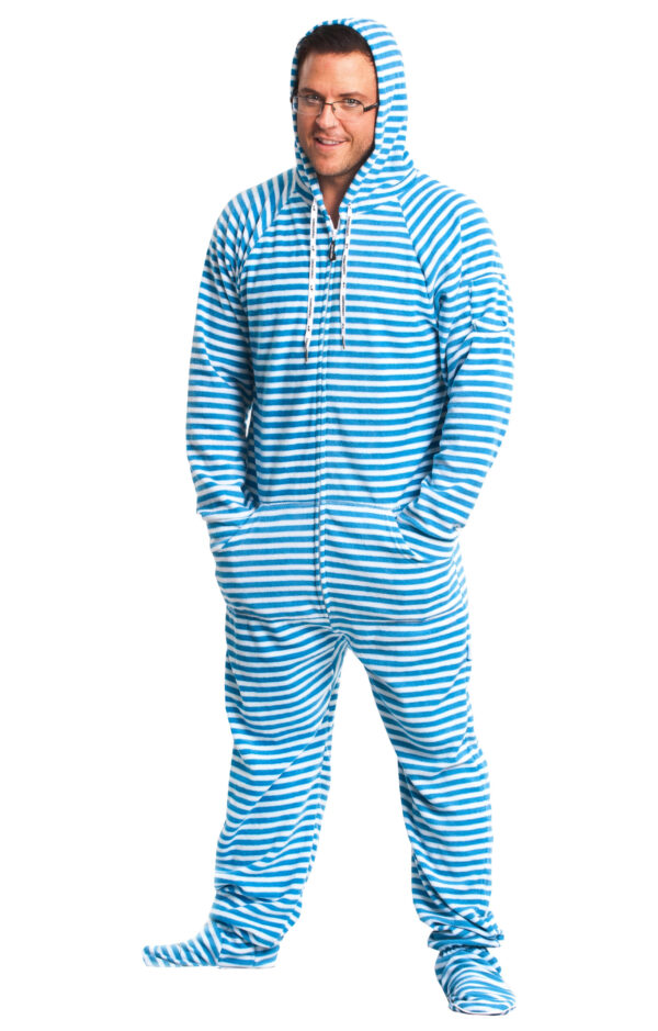 Blue Striped Adult Footed Pajama Onesie - Image 3