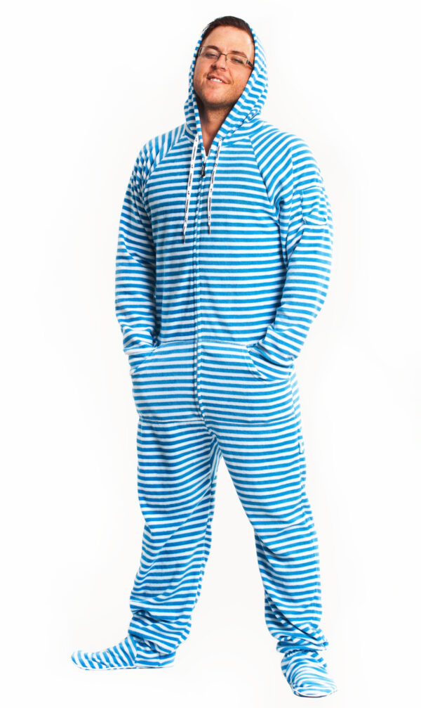 Blue Striped Adult Footed Pajama Onesie - Image 5
