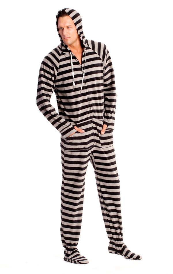 Black and Grey Striped Adult Footed Onesie Pajamas - Image 3