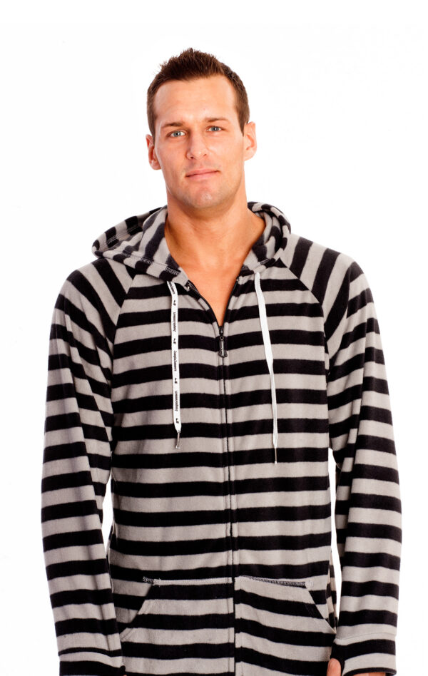 Black and Grey Striped Adult Footed Onesie Pajamas - Image 4