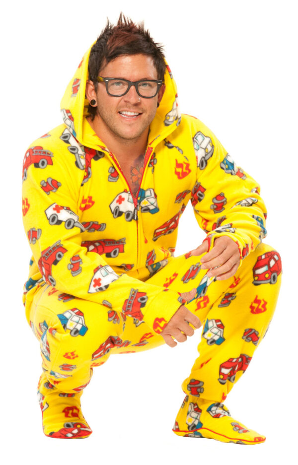 Fuzzy Yellow Fire Trucks Adult Hooded Pajamas - Image 3