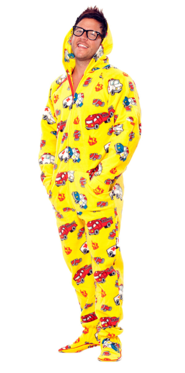 Fuzzy Yellow Fire Trucks Adult Hooded Pajamas - Image 2