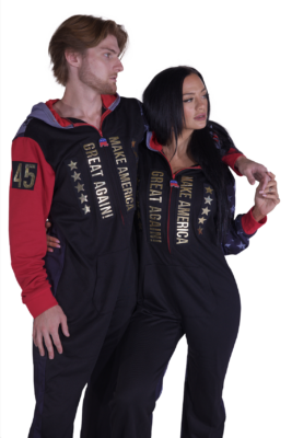 Trump Jumpin Jammerz Adult Footed Onesie Pajamas front view showcasing playful design and cozy fleece material.
