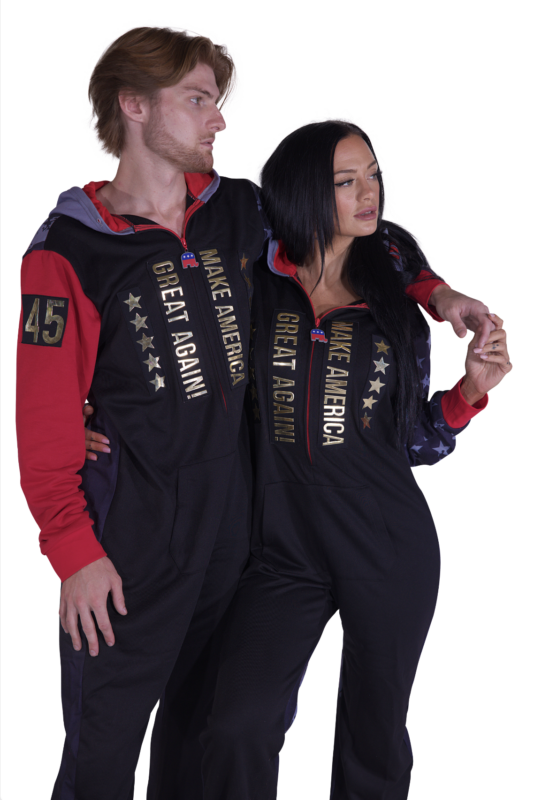 Trump Jumpin Jammerz Adult Footed Onesie Pajamas front view showcasing playful design and cozy fleece material.
