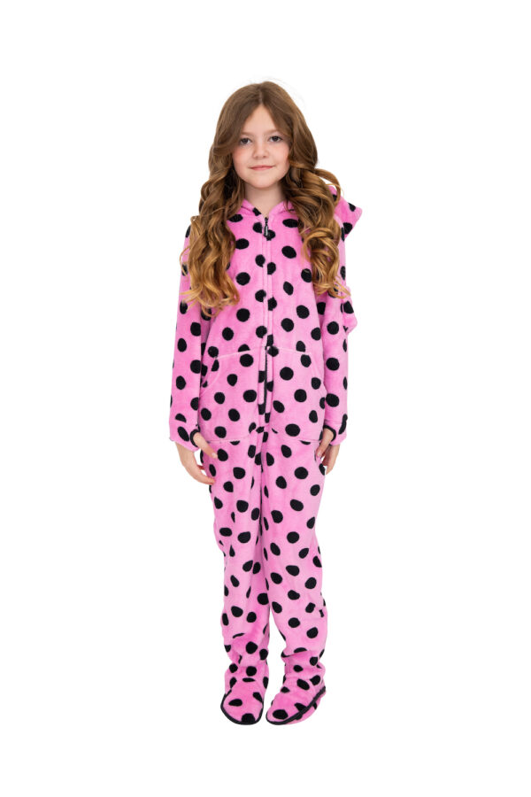 Pink and Black Polka Dot Kids Footed Pajamas - Image 2